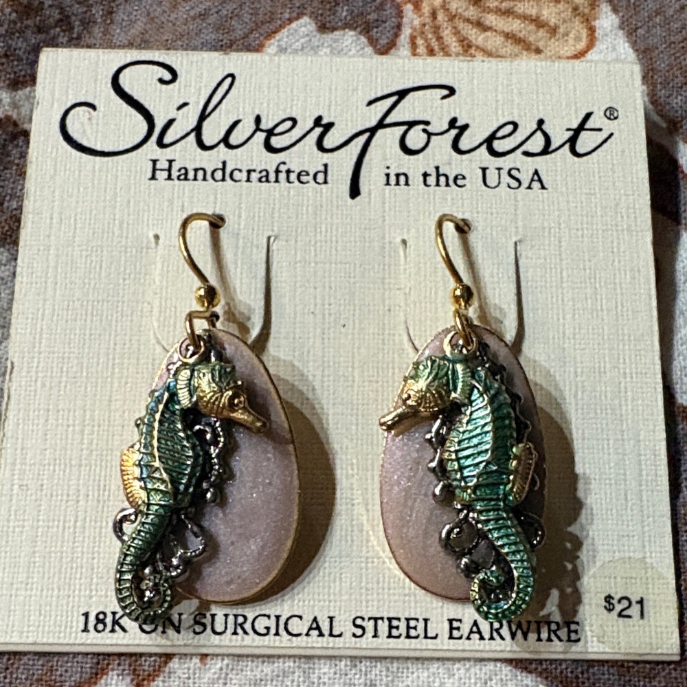 Silver Forest Seahorse Earrings with Green and Gold Details